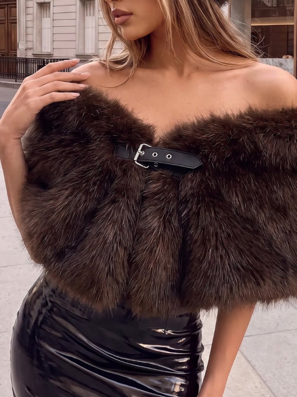 Coffee Brown Party Women's Faux Fox Fur Shawl Style Coat